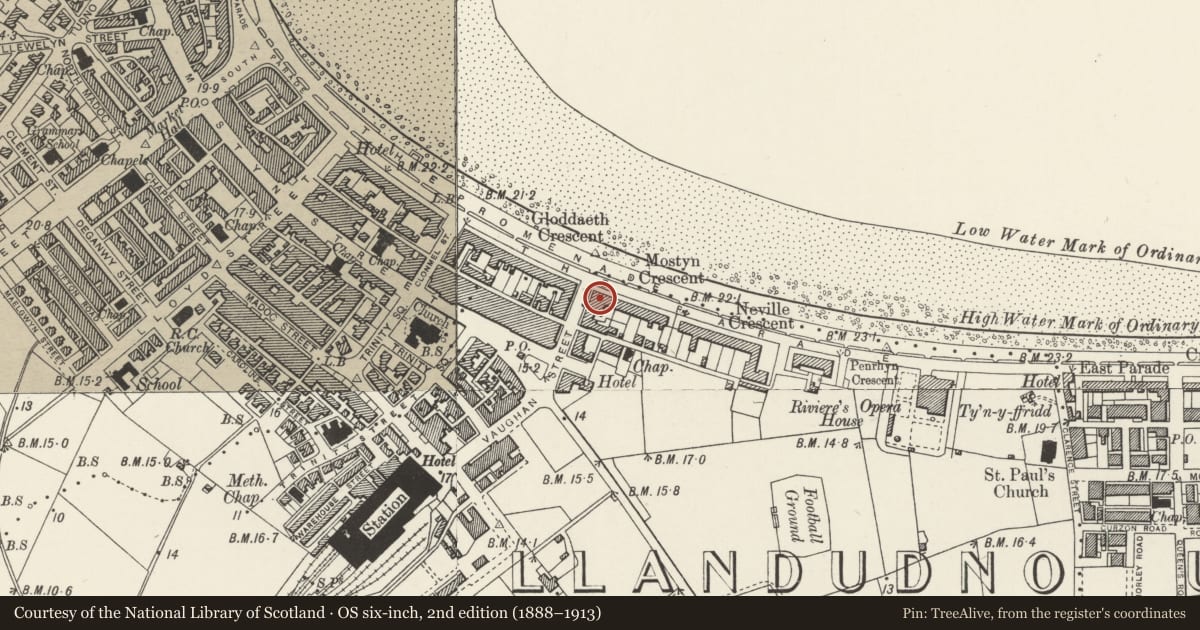 Ordnance Survey six-inch map, 2nd edition (1888–1913) covering the location of Mostyn Crescent comprising: The Marine Hotel & Nos 1-13 (Consec) including forecourt walls, Llandudno, Conwy, with a pin at the register's coordinates