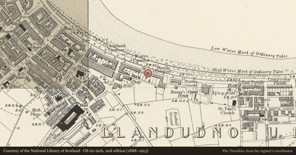 Ordnance Survey six-inch map, 2nd edition (1888–1913) covering the location of Nos.4-10 Neville Crescent, and Hydro Hotel, Llandudno, Conwy, with a pin at the register's coordinates