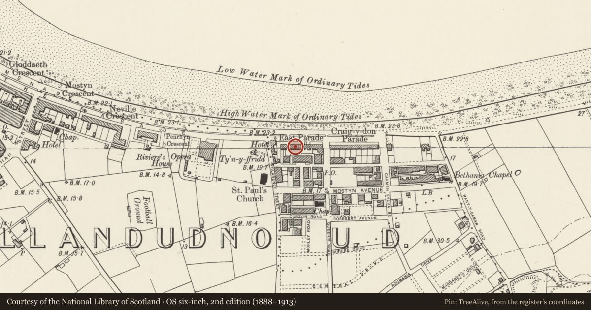 Ordnance Survey six-inch map, 2nd edition (1888–1913) covering the location of Ormescliffe Hotel, Nos.5 - 8 East Parade, Llandudno, Conwy, with a pin at the register's coordinates