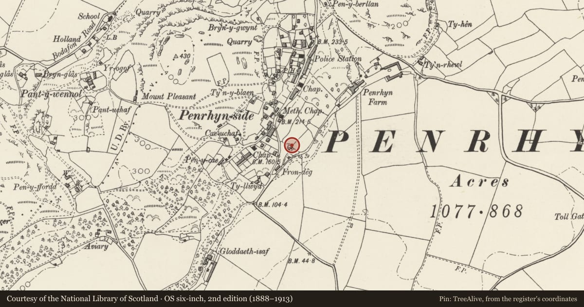 Ordnance Survey six-inch map, 2nd edition (1888–1913) covering the location of Pen-y-gaer, Llandudno, Conwy, with a pin at the register's coordinates
