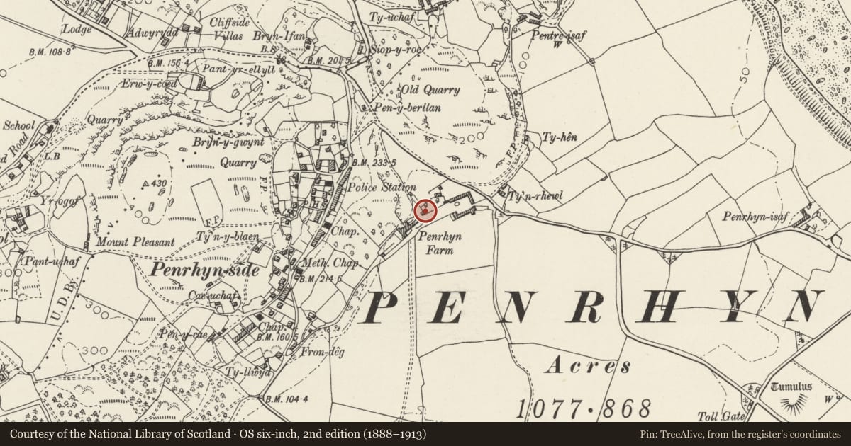 Ordnance Survey six-inch map, 2nd edition (1888–1913) covering the location of South Lodge to Penrhyn Old Hall, Llandudno, Conwy, with a pin at the register's coordinates