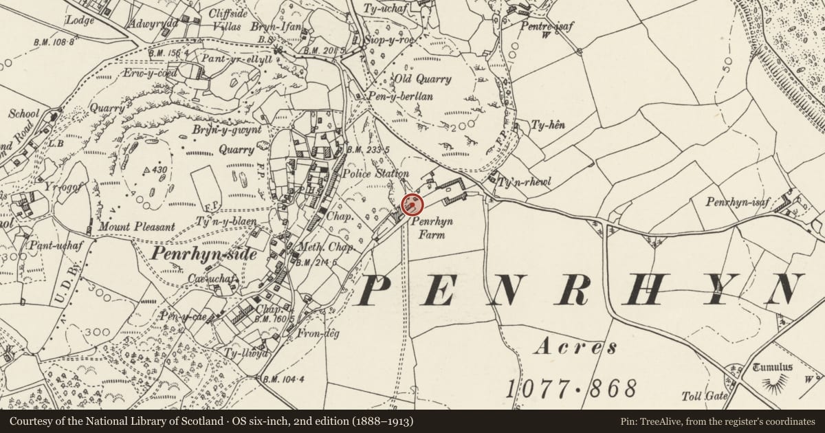 Ordnance Survey six-inch map, 2nd edition (1888–1913) covering the location of Wing adjoining Penrhyn Old Hall to North East, Llandudno, Conwy, with a pin at the register's coordinates