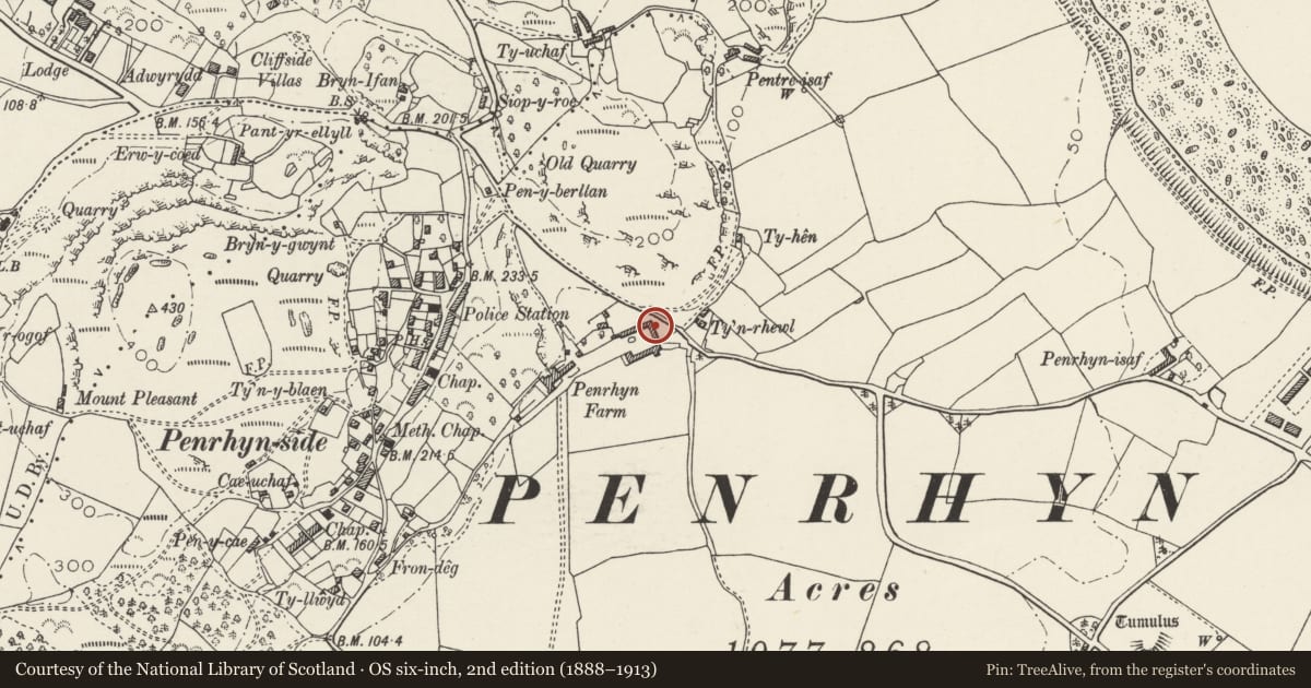 Ordnance Survey six-inch map, 2nd edition (1888–1913) covering the location of Outbuilding range to NW of Penrhyn Hall Farmhouse, Llandudno, Conwy, with a pin at the register's coordinates