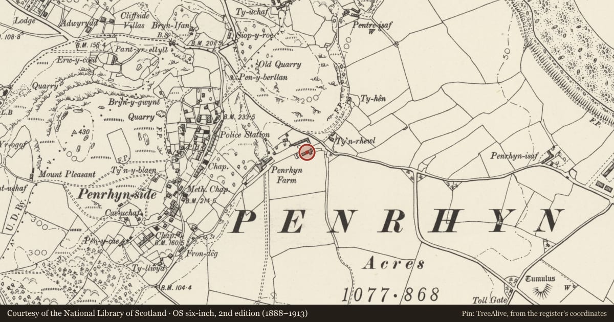 Ordnance Survey six-inch map, 2nd edition (1888–1913) covering the location of Barn to SW of Penrhyn Hall Farmhouse, including attached range to SW, Llandudno, Conwy, with a pin at the register's coordinates