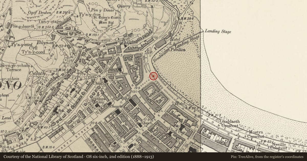 Ordnance Survey six-inch map, 2nd edition (1888–1913) covering the location of War Memorial, including Lamp Standards and Bollards, Llandudno, Conwy, with a pin at the register's coordinates