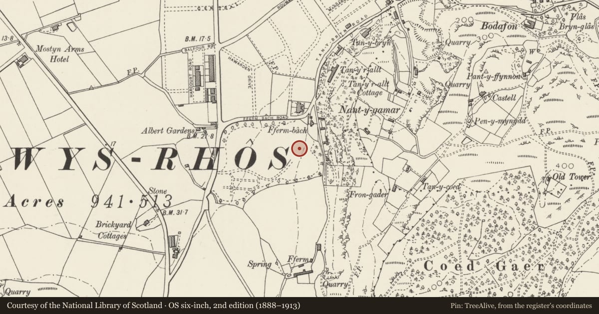 Ordnance Survey six-inch map, 2nd edition (1888–1913) covering the location of North Wales Medical Centre, Llandudno, Conwy, with a pin at the register's coordinates