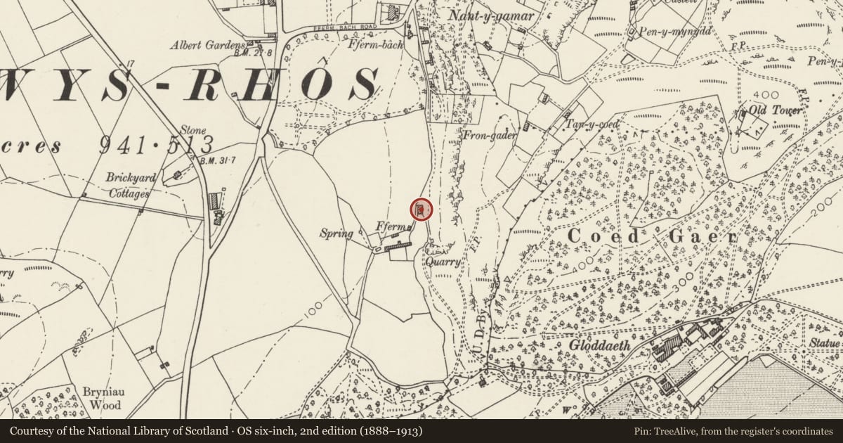 Ordnance Survey six-inch map, 2nd edition (1888–1913) covering the location of Farmhouse at Fferm, Llandudno, Conwy, with a pin at the register's coordinates