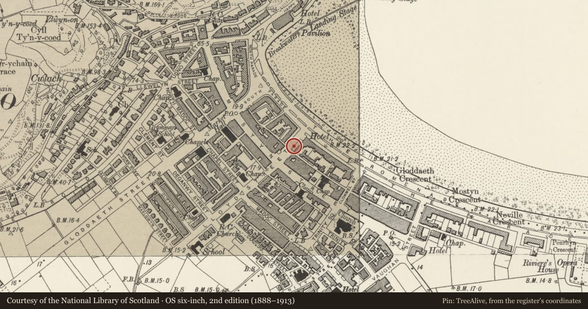 Ordnance Survey six-inch map, 2nd edition (1888–1913) covering the location of Lamp Standard, Llandudno, Conwy, with a pin at the register's coordinates