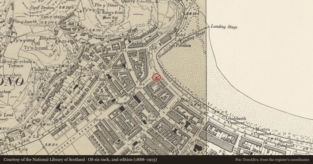 Ordnance Survey six-inch map, 2nd edition (1888–1913) covering the location of Lamp Standard, Llandudno, Conwy, with a pin at the register's coordinates