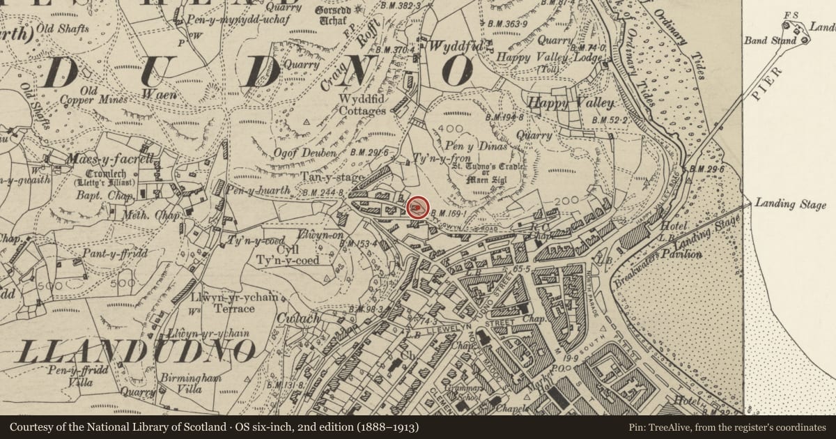 Ordnance Survey six-inch map, 2nd edition (1888–1913) covering the location of 32 Ty Gwyn Road, Llandudno, Conwy, with a pin at the register's coordinates
