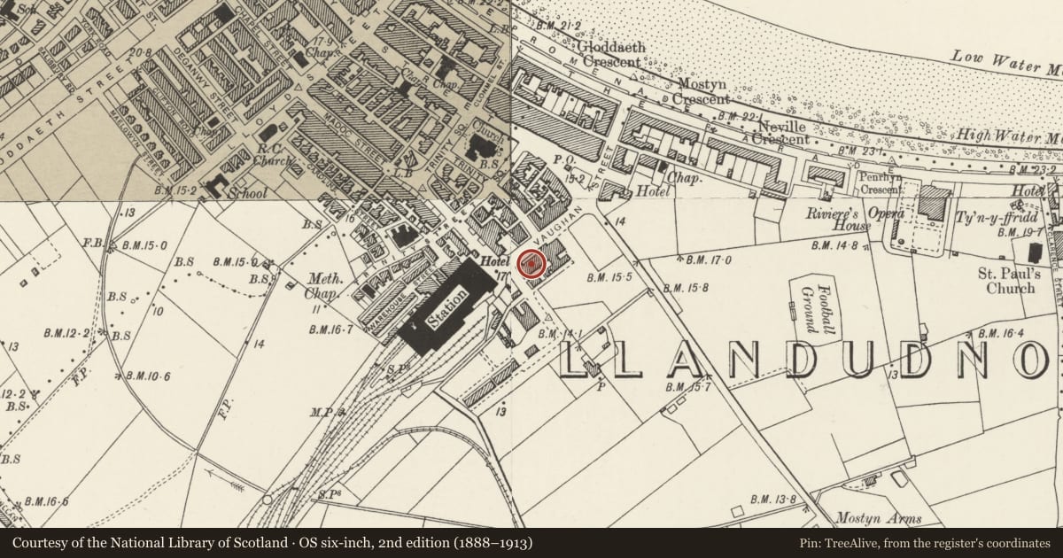 Ordnance Survey six-inch map, 2nd edition (1888–1913) covering the location of 3 Vaughan Street, including Verandah, Llandudno, Conwy, with a pin at the register's coordinates