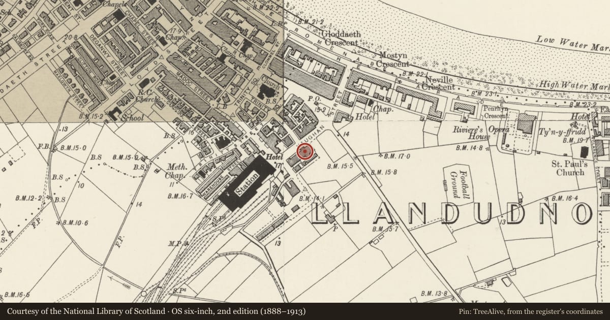 Ordnance Survey six-inch map, 2nd edition (1888–1913) covering the location of Imperial Buildings, Llandudno, Conwy, with a pin at the register's coordinates