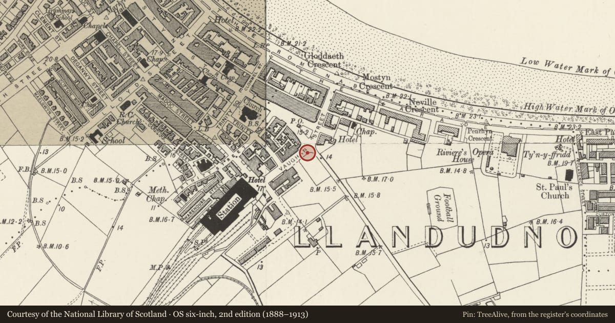 Ordnance Survey six-inch map, 2nd edition (1888–1913) covering the location of Lamp Standard, Llandudno, Conwy, with a pin at the register's coordinates
