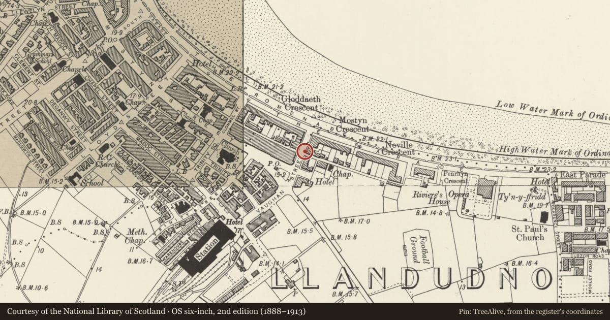 Ordnance Survey six-inch map, 2nd edition (1888–1913) covering the location of Lamp Standard, Llandudno, Conwy, with a pin at the register's coordinates