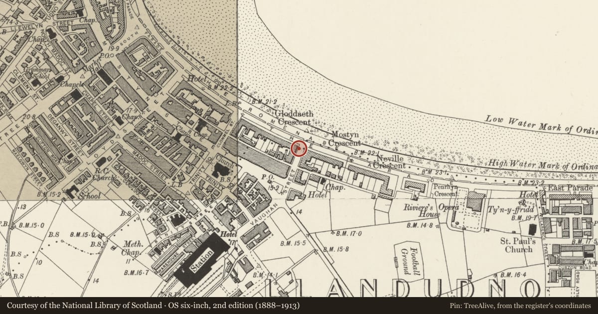 Ordnance Survey six-inch map, 2nd edition (1888–1913) covering the location of Lamp Standard, Llandudno, Conwy, with a pin at the register's coordinates