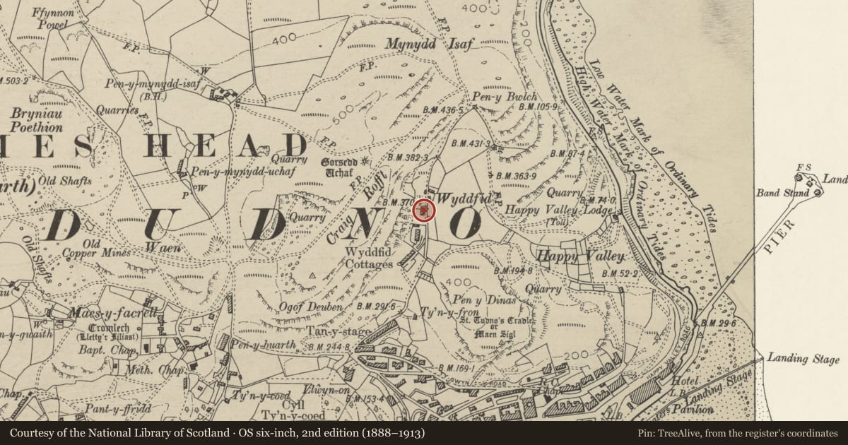 Ordnance Survey six-inch map, 2nd edition (1888–1913) covering the location of Wyddfid Farm Cottage, Llandudno, Conwy, with a pin at the register's coordinates