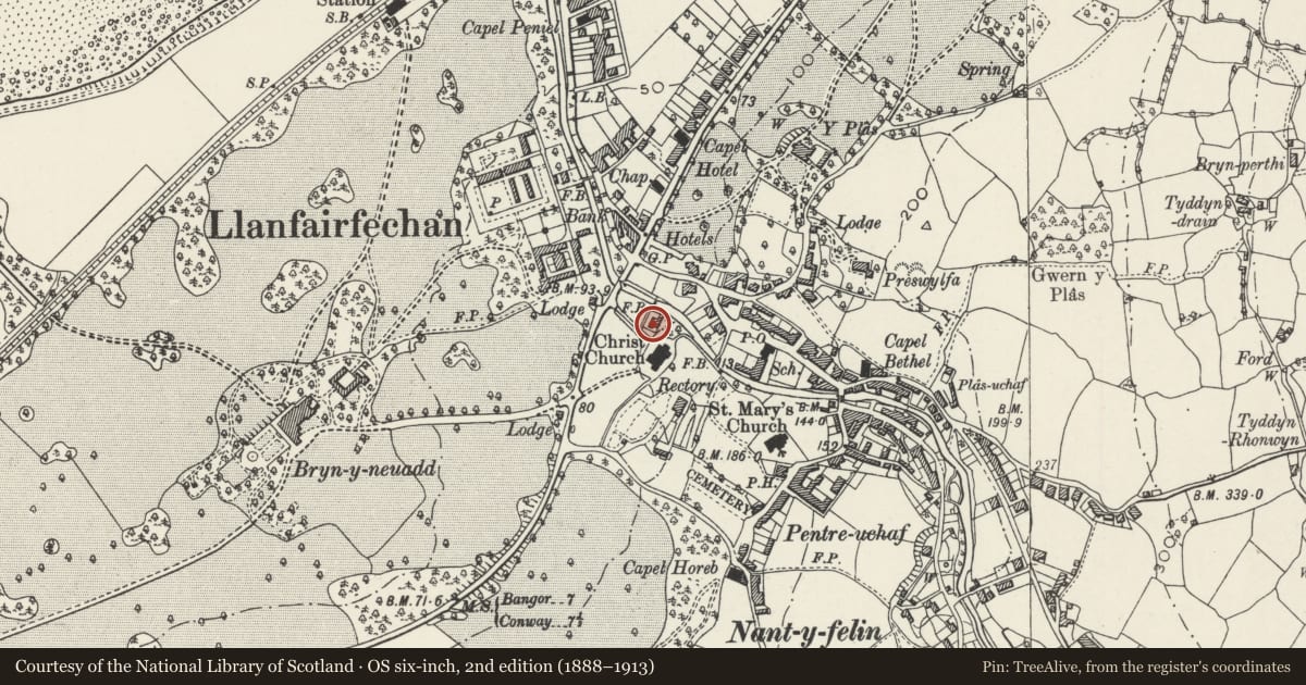 Ordnance Survey six-inch map, 2nd edition (1888–1913) covering the location of Church Cottages, Llanfairfechan, Conwy, with a pin at the register's coordinates