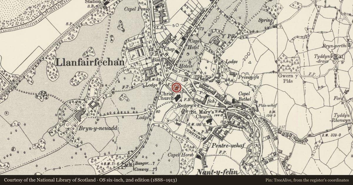 Ordnance Survey six-inch map, 2nd edition (1888–1913) covering the location of Church Cottages, Llanfairfechan, Conwy, with a pin at the register's coordinates