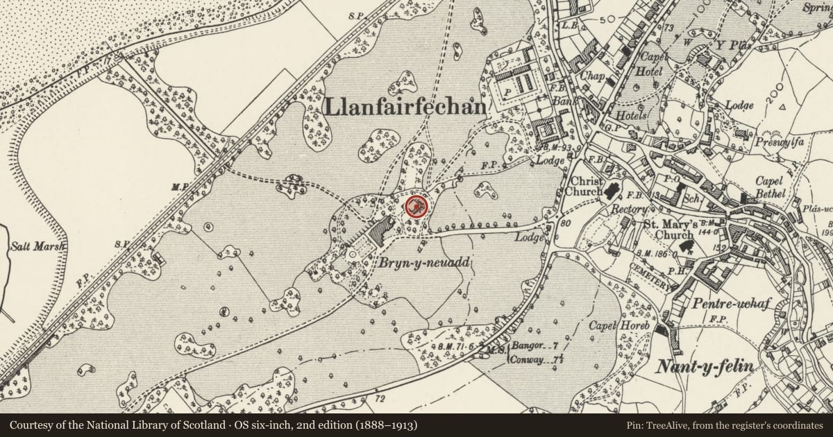 Ordnance Survey six-inch map, 2nd edition (1888–1913) covering the location of Former Stable Block at Bryn-y-Neuadd Hospital (includes Yard Cottage & Bryn-y-Neuadd Cottage), Llanfairfechan, Conwy, with a pin at the register's coordinates