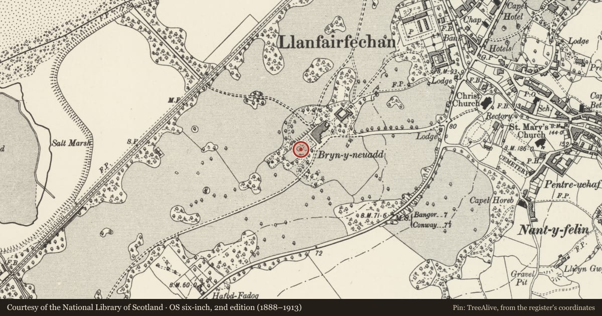 Ordnance Survey six-inch map, 2nd edition (1888–1913) covering the location of Garden Fountain in grounds at Bryn-y-Neuadd Hospital, Llanfairfechan, Conwy, with a pin at the register's coordinates