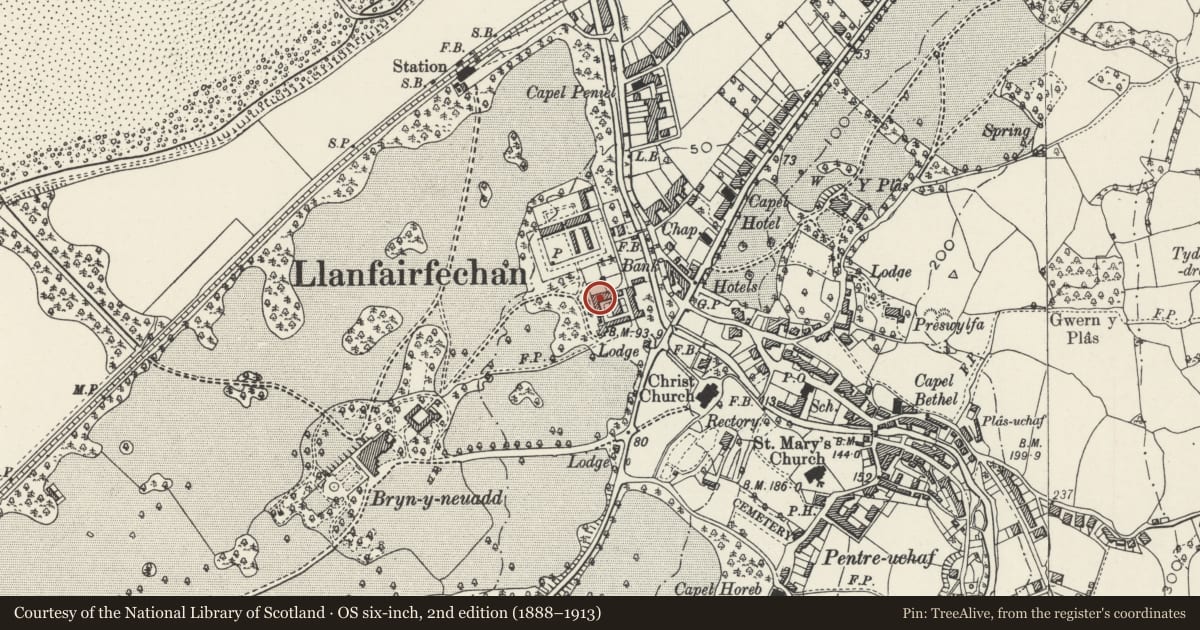 Ordnance Survey six-inch map, 2nd edition (1888–1913) covering the location of Courtyard Ranges of Agricultural Buildings at Bryn-y-Neuadd Farm, Llanfairfechan, Conwy, with a pin at the register's coordinates
