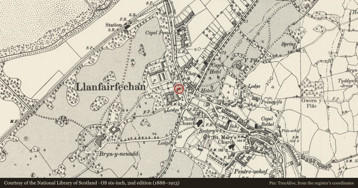 Ordnance Survey six-inch map, 2nd edition (1888–1913) covering the location of Dutch Barn at Bryn-y-Neuadd Farm, Llanfairfechan, Conwy, with a pin at the register's coordinates