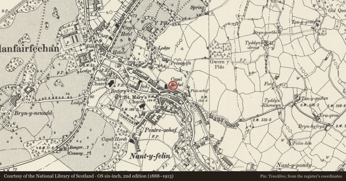 Ordnance Survey six-inch map, 2nd edition (1888–1913) covering the location of No.1 Bryn Haul, Llanfairfechan, Conwy, with a pin at the register's coordinates