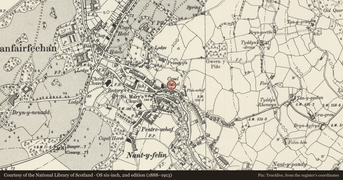 Ordnance Survey six-inch map, 2nd edition (1888–1913) covering the location of Bryn Haul, Llanfairfechan, Conwy, with a pin at the register's coordinates