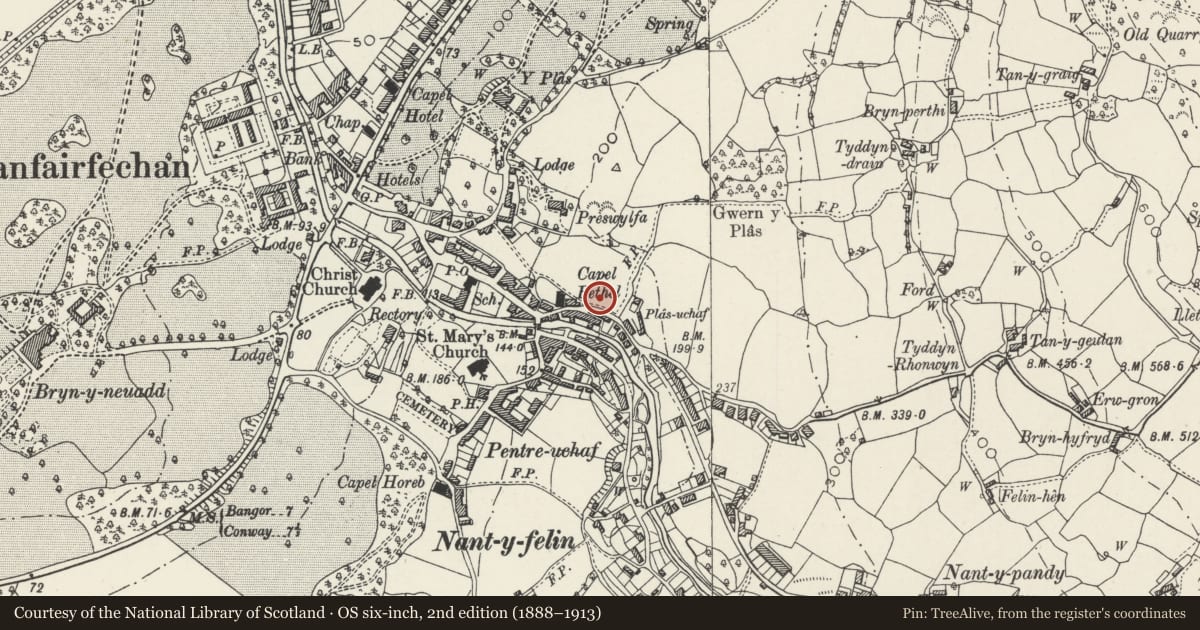 Ordnance Survey six-inch map, 2nd edition (1888–1913) covering the location of Bryn Haul, Llanfairfechan, Conwy, with a pin at the register's coordinates