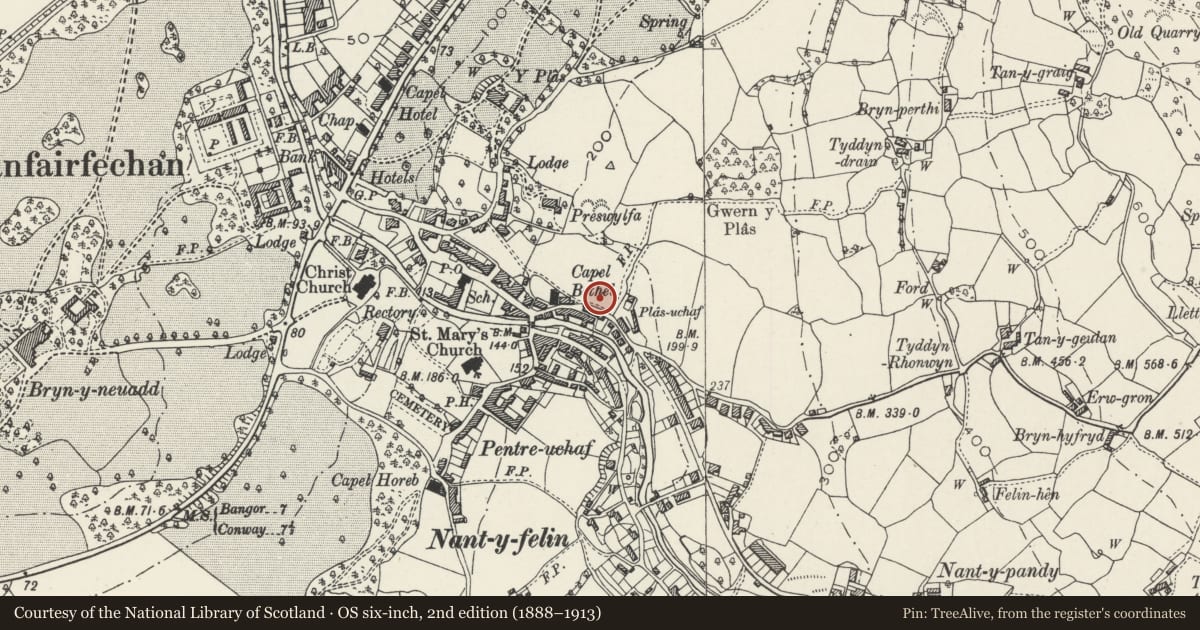 Ordnance Survey six-inch map, 2nd edition (1888–1913) covering the location of No.4 Bryn Haul, Llanfairfechan, Conwy, with a pin at the register's coordinates