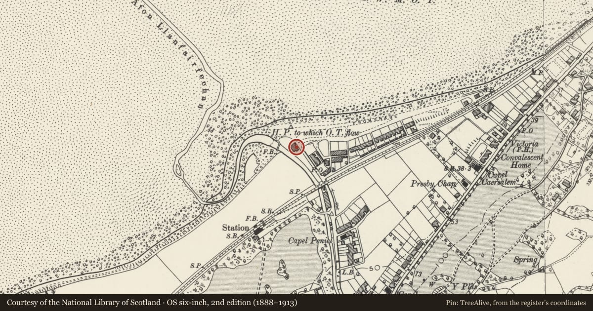 Ordnance Survey six-inch map, 2nd edition (1888–1913) covering the location of The Towers, Llanfairfechan, Conwy, with a pin at the register's coordinates