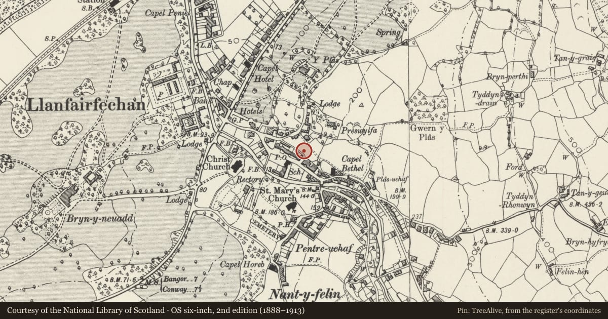 Ordnance Survey six-inch map, 2nd edition (1888–1913) covering the location of Brooklands, Llanfairfechan, Conwy, with a pin at the register's coordinates