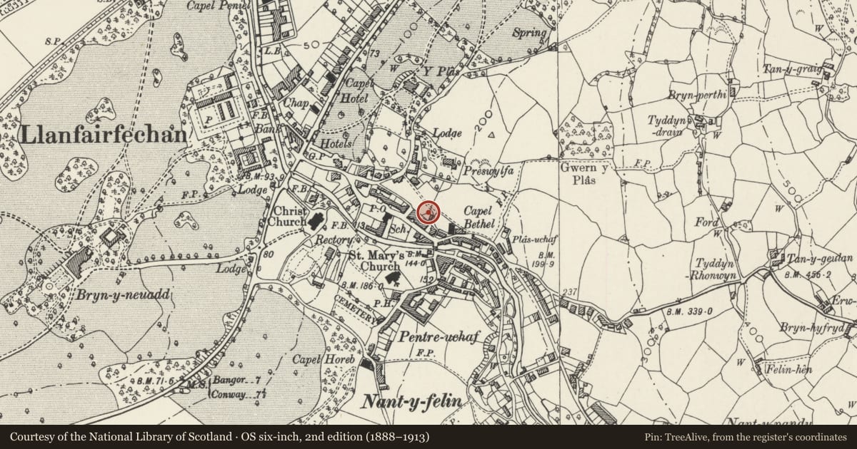 Ordnance Survey six-inch map, 2nd edition (1888–1913) covering the location of the Haven, Llanfairfechan, Conwy, with a pin at the register's coordinates