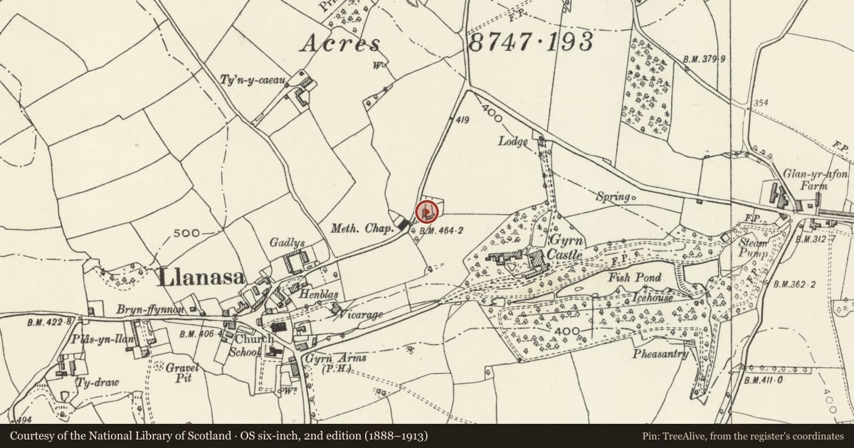 Ordnance Survey six-inch map, 2nd edition (1888–1913) covering the location of 1 Hendy Groes, Llanasa, Flintshire, with a pin at the register's coordinates
