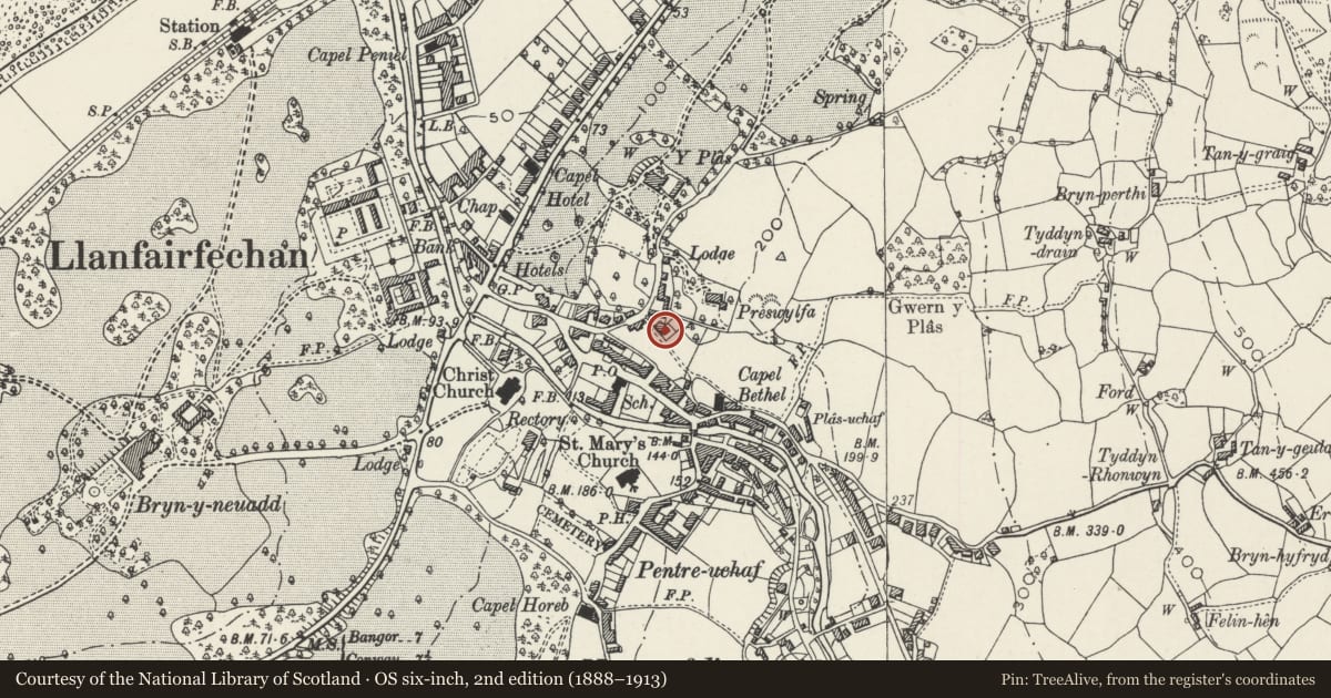 Ordnance Survey six-inch map, 2nd edition (1888–1913) covering the location of Bolnhurst, Llanfairfechan, Conwy, with a pin at the register's coordinates