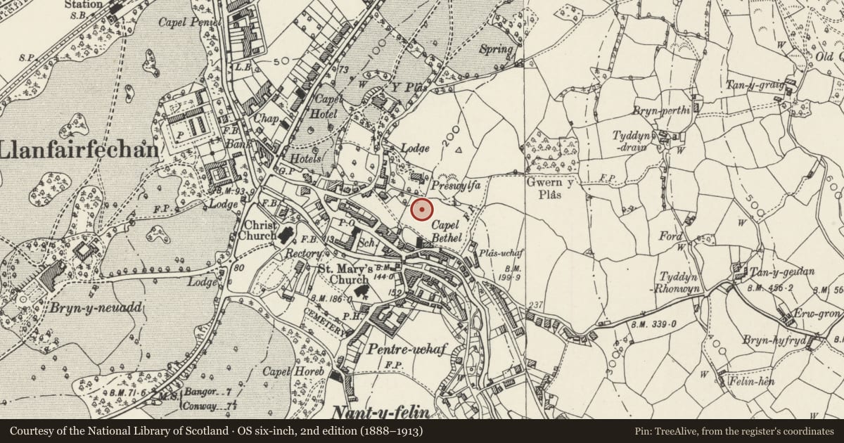 Ordnance Survey six-inch map, 2nd edition (1888–1913) covering the location of Ty Hwnt Yr Afon, Llanfairfechan, Conwy, with a pin at the register's coordinates