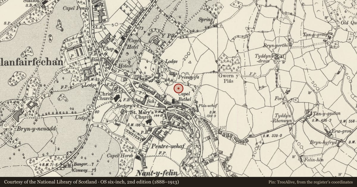 Ordnance Survey six-inch map, 2nd edition (1888–1913) covering the location of Hilcroft, Llanfairfechan, Conwy, with a pin at the register's coordinates