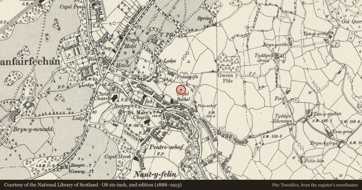 Ordnance Survey six-inch map, 2nd edition (1888–1913) covering the location of Maes Aled, Llanfairfechan, Conwy, with a pin at the register's coordinates