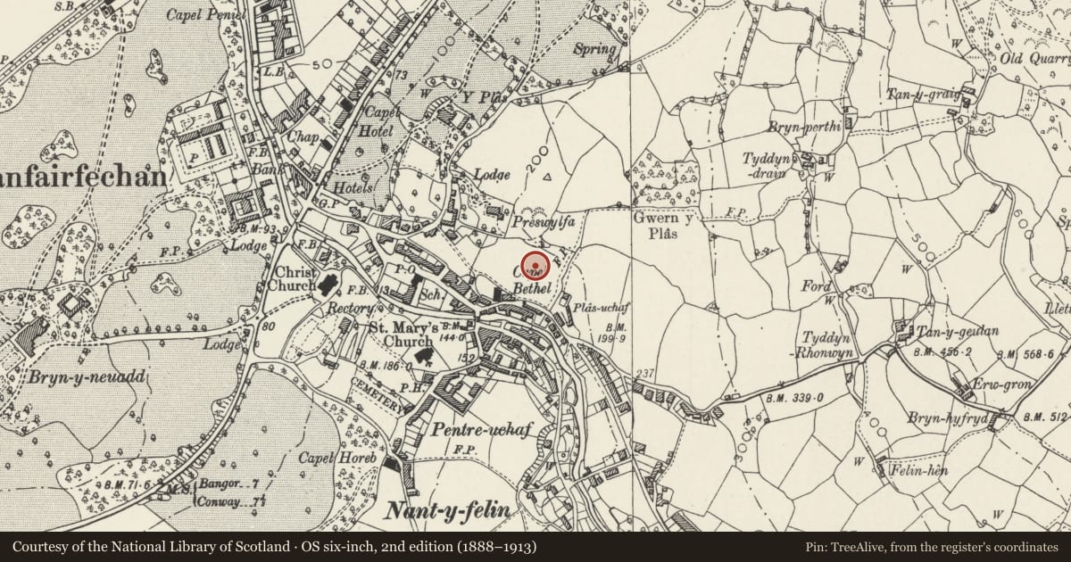 Ordnance Survey six-inch map, 2nd edition (1888–1913) covering the location of Parciau, Llanfairfechan, Conwy, with a pin at the register's coordinates