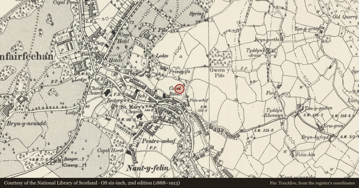 Ordnance Survey six-inch map, 2nd edition (1888–1913) covering the location of Araulfan, Llanfairfechan, Conwy, with a pin at the register's coordinates