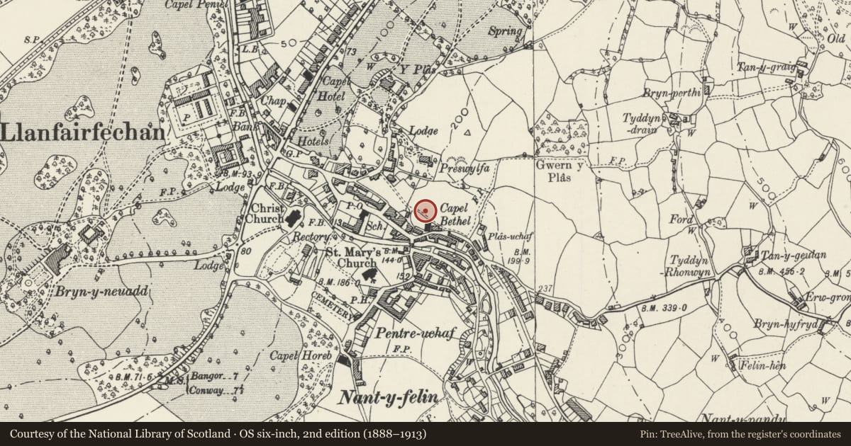 Ordnance Survey six-inch map, 2nd edition (1888–1913) covering the location of Trewen, Llanfairfechan, Conwy, with a pin at the register's coordinates