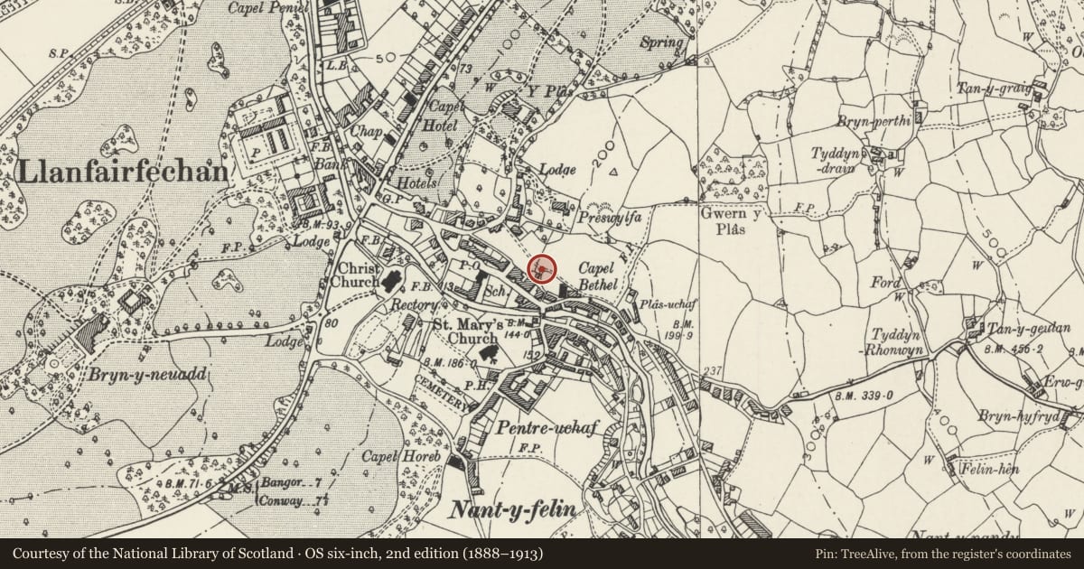 Ordnance Survey six-inch map, 2nd edition (1888–1913) covering the location of Letter Box in Pier outside No.14, Llanfairfechan, Conwy, with a pin at the register's coordinates