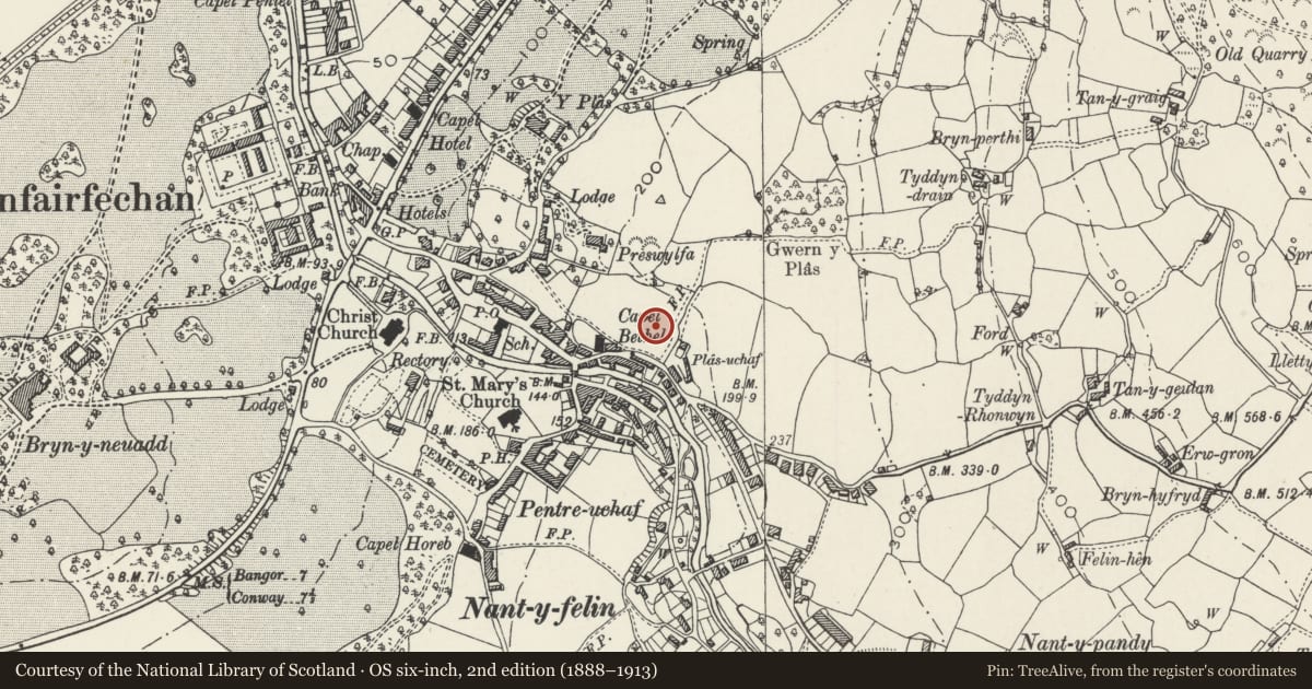 Ordnance Survey six-inch map, 2nd edition (1888–1913) covering the location of Slate Fence to the Se of Araulfan, Llanfairfechan, Conwy, with a pin at the register's coordinates