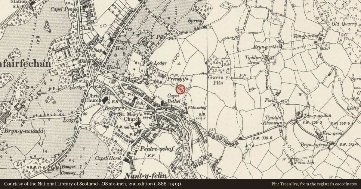 Ordnance Survey six-inch map, 2nd edition (1888–1913) covering the location of Carreg Frau, Llanfairfechan, Conwy, with a pin at the register's coordinates