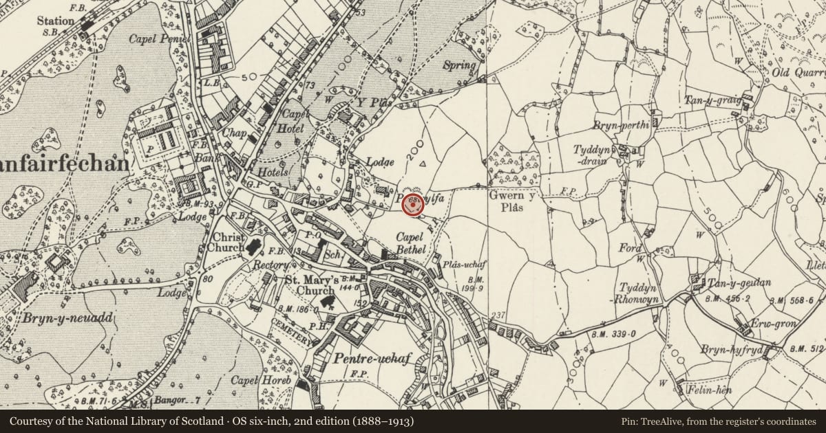 Ordnance Survey six-inch map, 2nd edition (1888–1913) covering the location of Bryn Ffawydd, Llanfairfechan, Conwy, with a pin at the register's coordinates