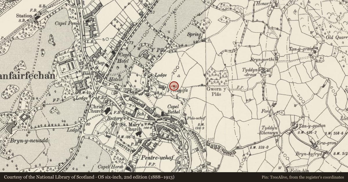 Ordnance Survey six-inch map, 2nd edition (1888–1913) covering the location of Ael y Gwynt, Llanfairfechan, Conwy, with a pin at the register's coordinates