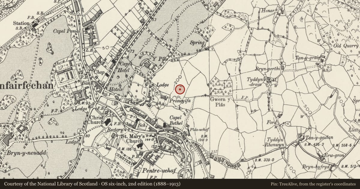 Ordnance Survey six-inch map, 2nd edition (1888–1913) covering the location of Hillcrest, Llanfairfechan, Conwy, with a pin at the register's coordinates