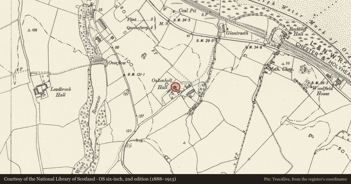 Ordnance Survey six-inch map, 2nd edition (1888–1913) covering the location of Oakenholt Hall, Flint, Flintshire, with a pin at the register's coordinates