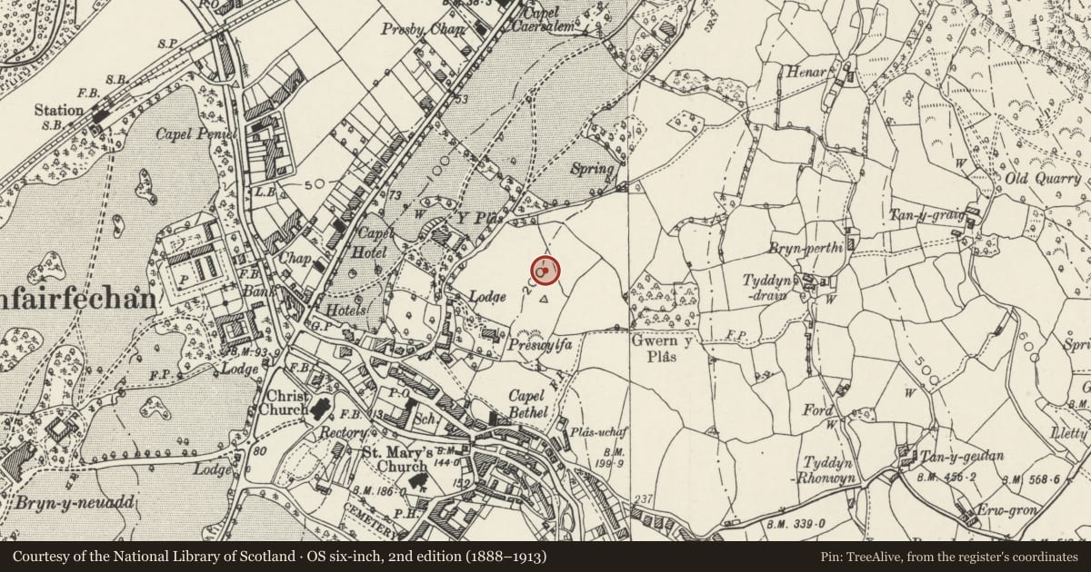 Ordnance Survey six-inch map, 2nd edition (1888–1913) covering the location of Greenhills, Llanfairfechan, Conwy, with a pin at the register's coordinates