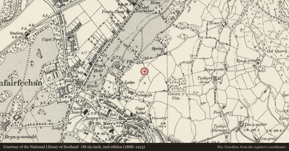 Ordnance Survey six-inch map, 2nd edition (1888–1913) covering the location of Neuadd Wen, Llanfairfechan, Conwy, with a pin at the register's coordinates